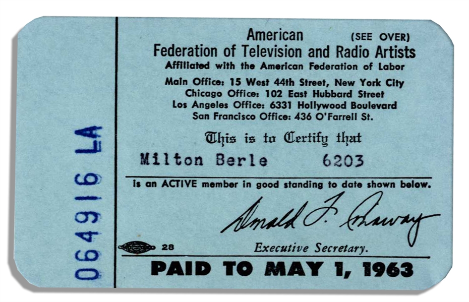 Milton Berle's 1963 AFTRA Card -- The American Federation of Television and Radio Artists